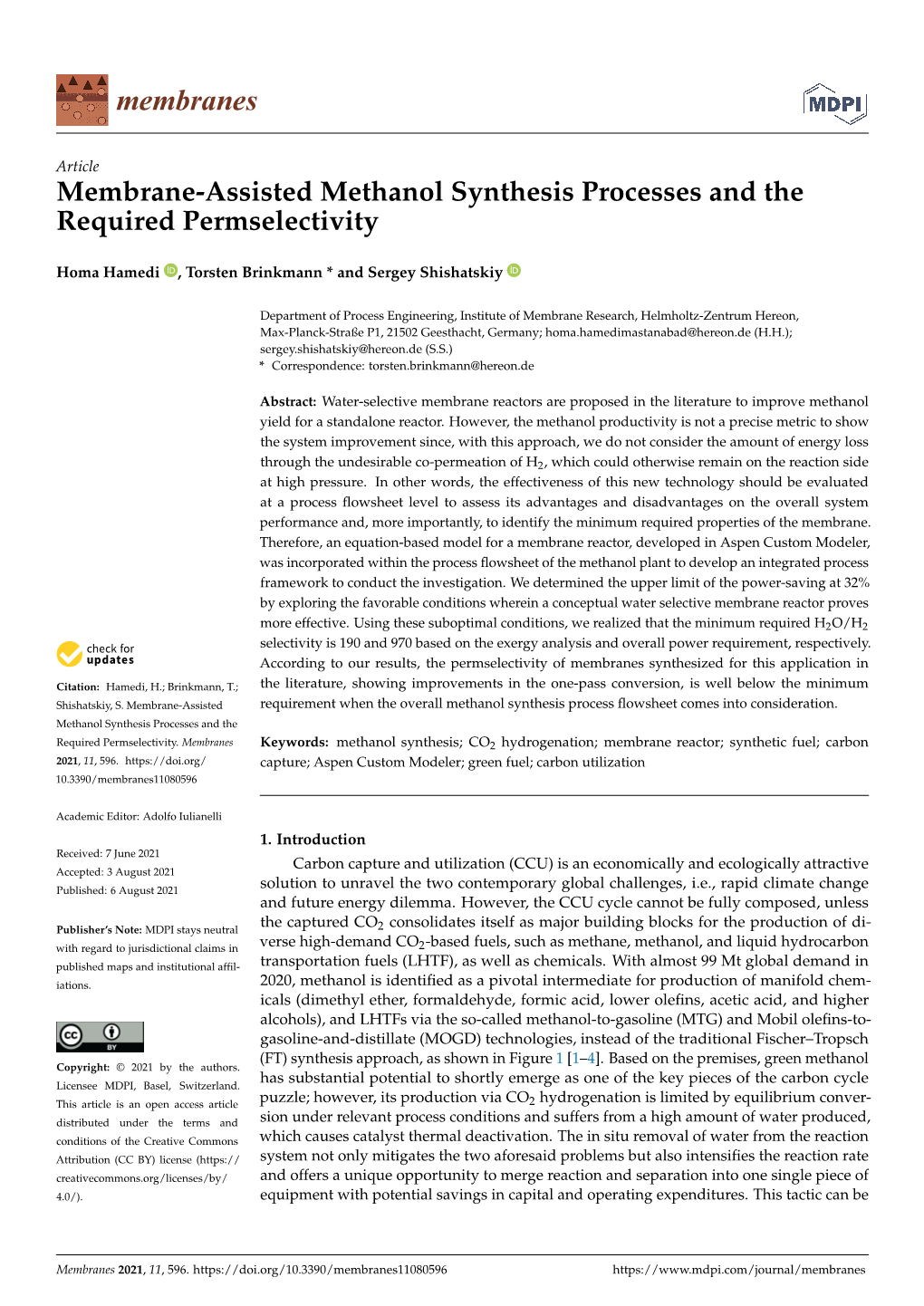 Membrane-Assisted Methanol Synthesis Processes and the Required Permselectivity