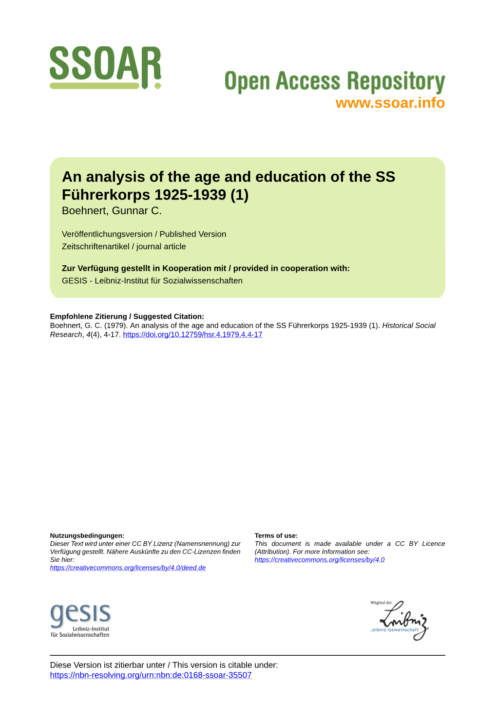 An Analysis of the Age and Education of the SS Führerkorps 1925-1939 (1) Boehnert, Gunnar C