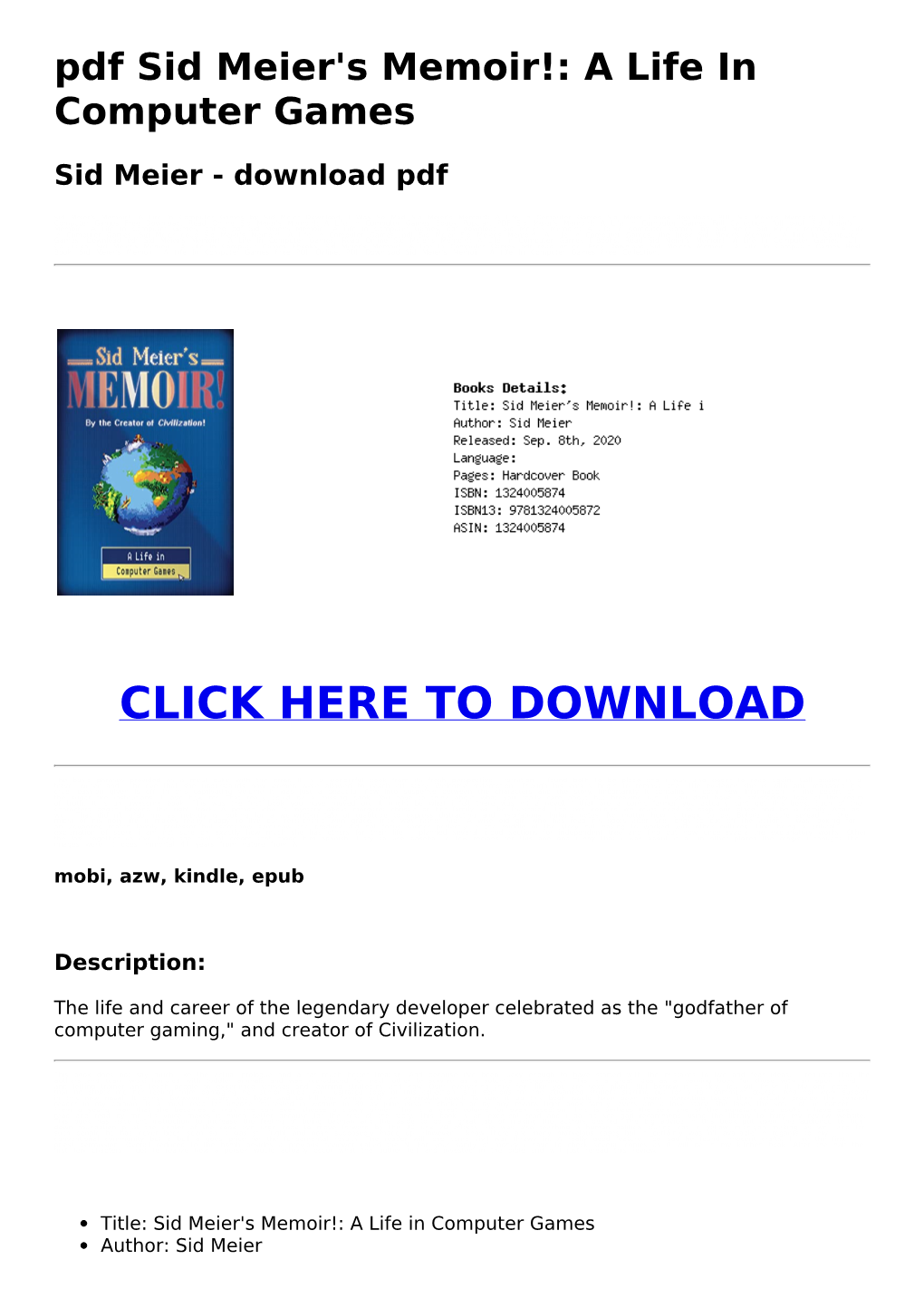 Pdf Sid Meier's Memoir!: a Life in Computer Games