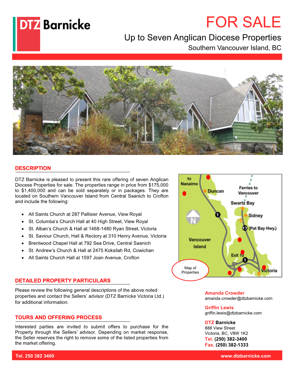 FOR SALE up to Seven Anglican Diocese Properties Southern Vancouver Island, BC