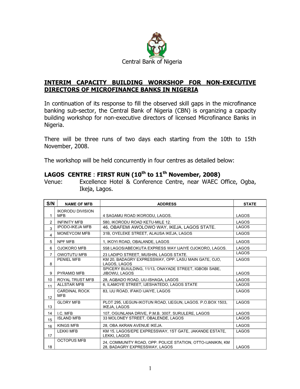 Interim Capacity Building Workshop for Non-Executive Directors of Microfinance Banks in Nigeria