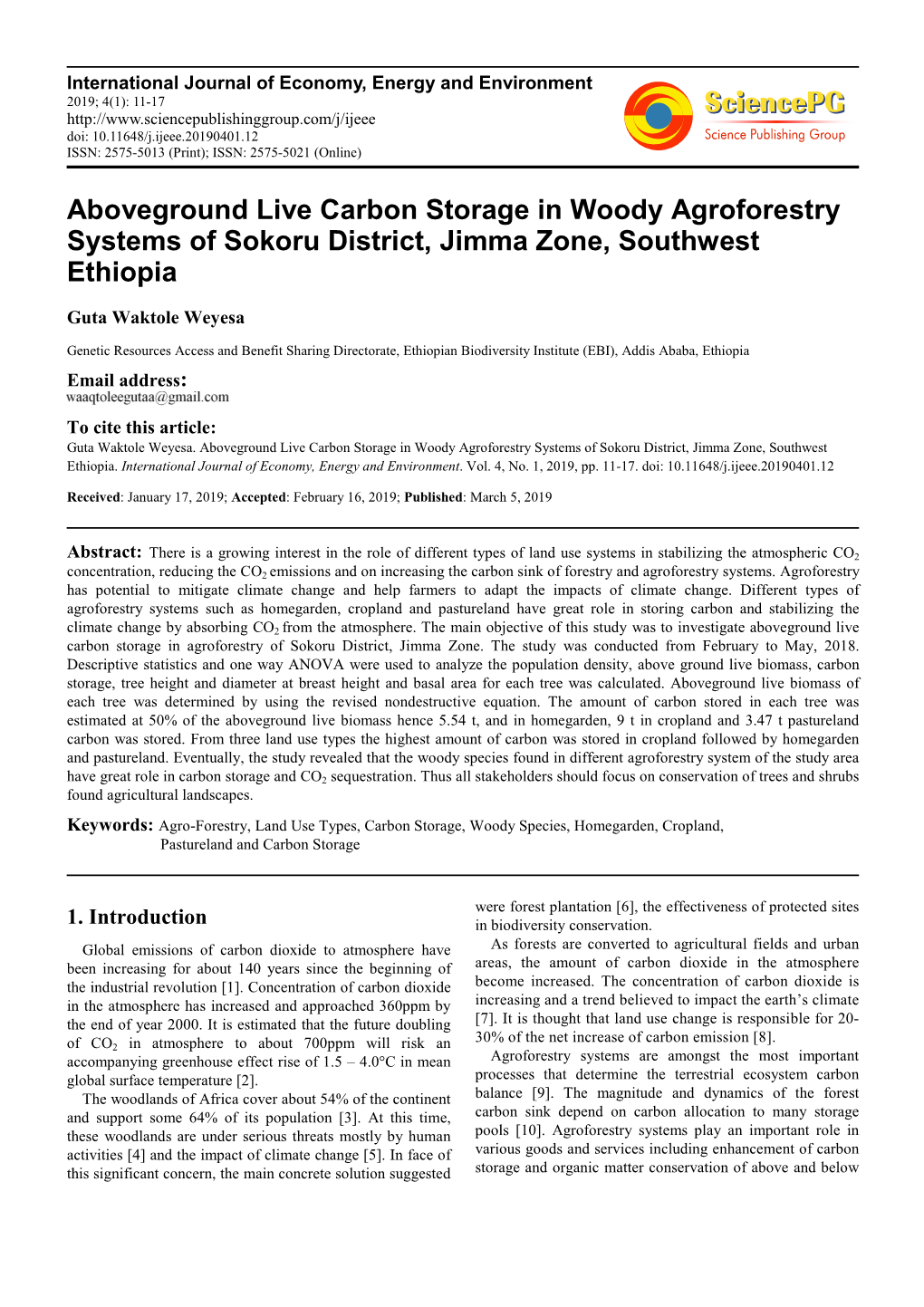 Aboveground Live Carbon Storage in Woody Agroforestry Systems of Sokoru District, Jimma Zone, Southwest Ethiopia