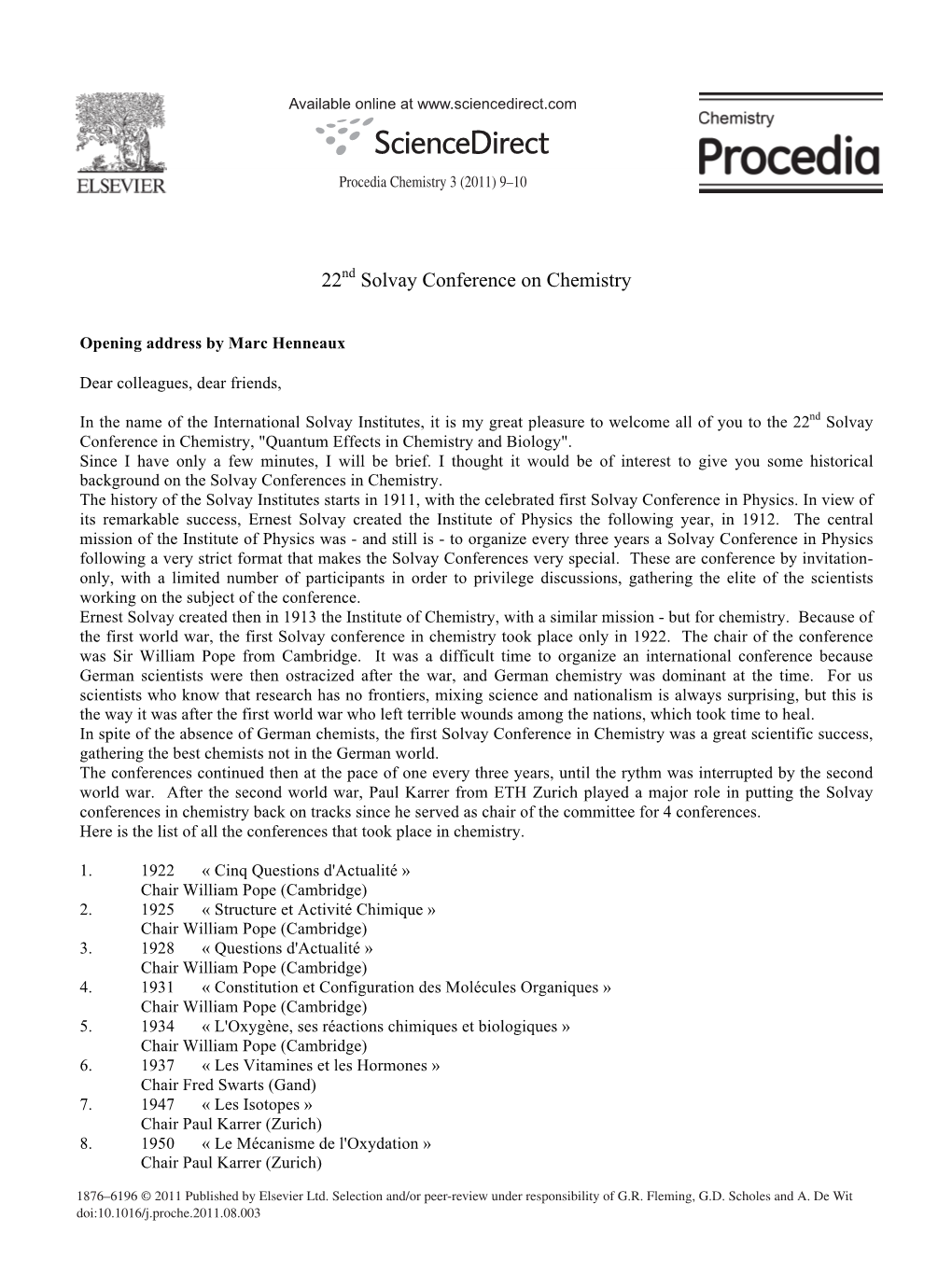 22Nd Solvay Conference on Chemistry