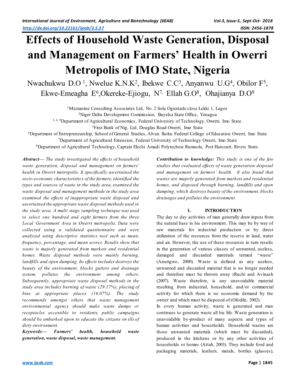 Effects of Household Waste Generation, Disposal and Management on Farmers' Health in Owerri Metropolis of IMO State, Nigeria