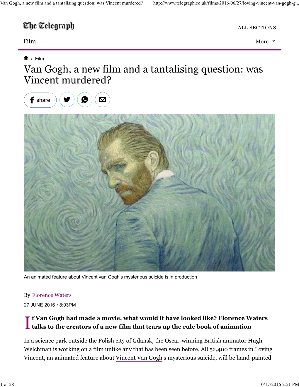 Van Gogh, a New Film and a Tantalising Question: Was Vincent Murdered?