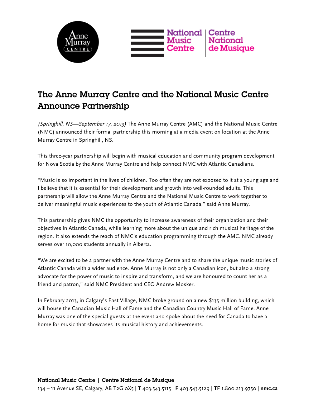 The Anne Murray Centre and the National Music Centre Announce Partnership