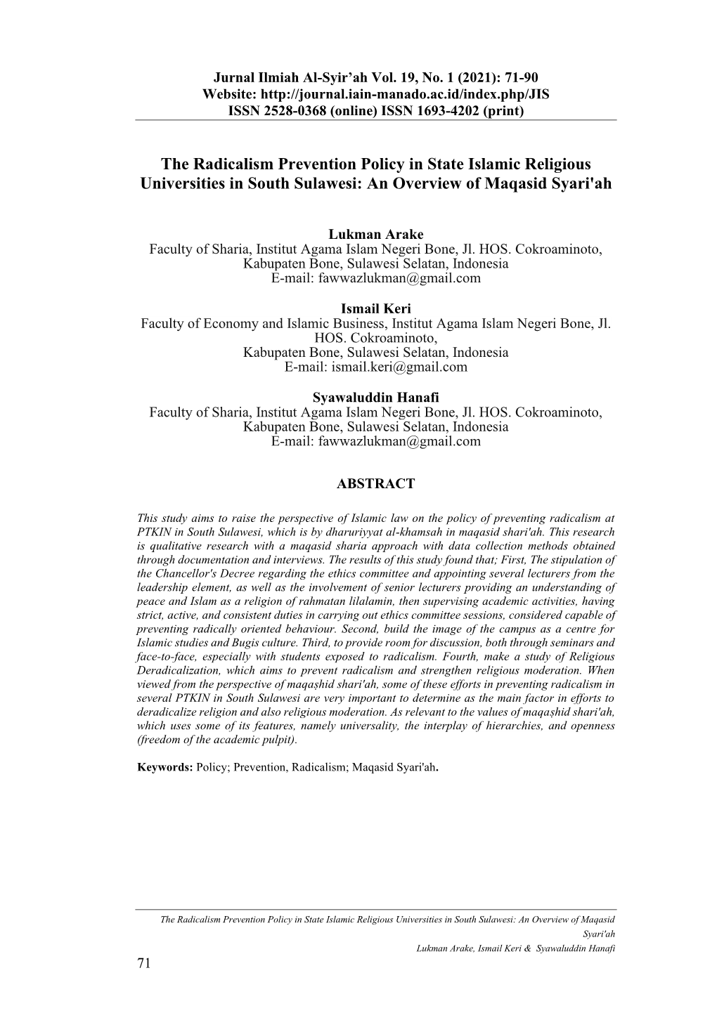 The Radicalism Prevention Policy in State Islamic Religious Universities in South Sulawesi: an Overview of Maqasid Syari'ah
