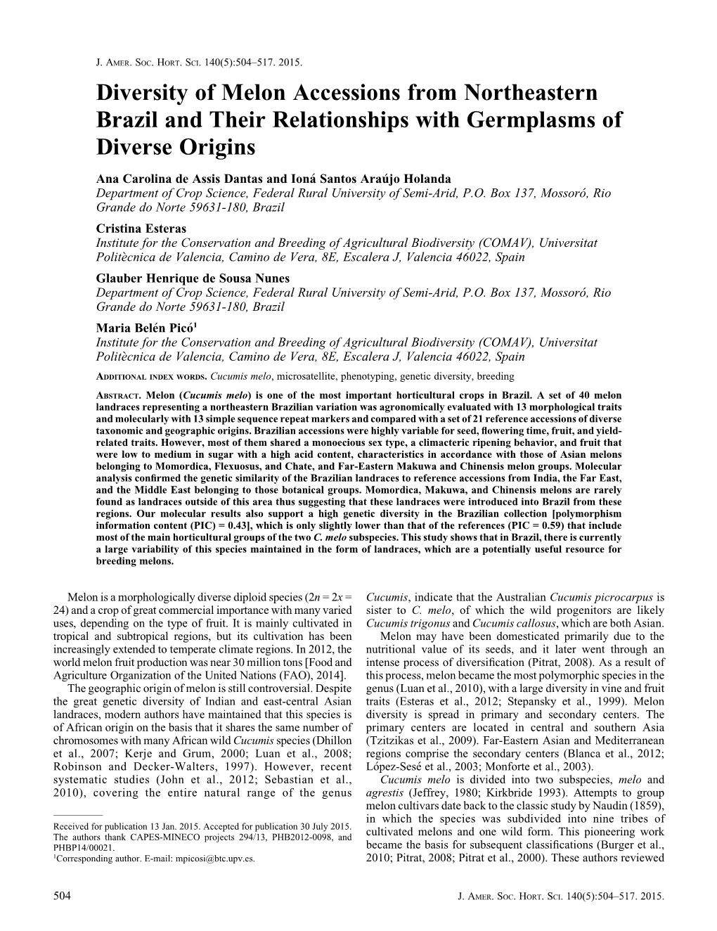 Diversity of Melon Accessions from Northeastern Brazil and Their Relationships with Germplasms of Diverse Origins