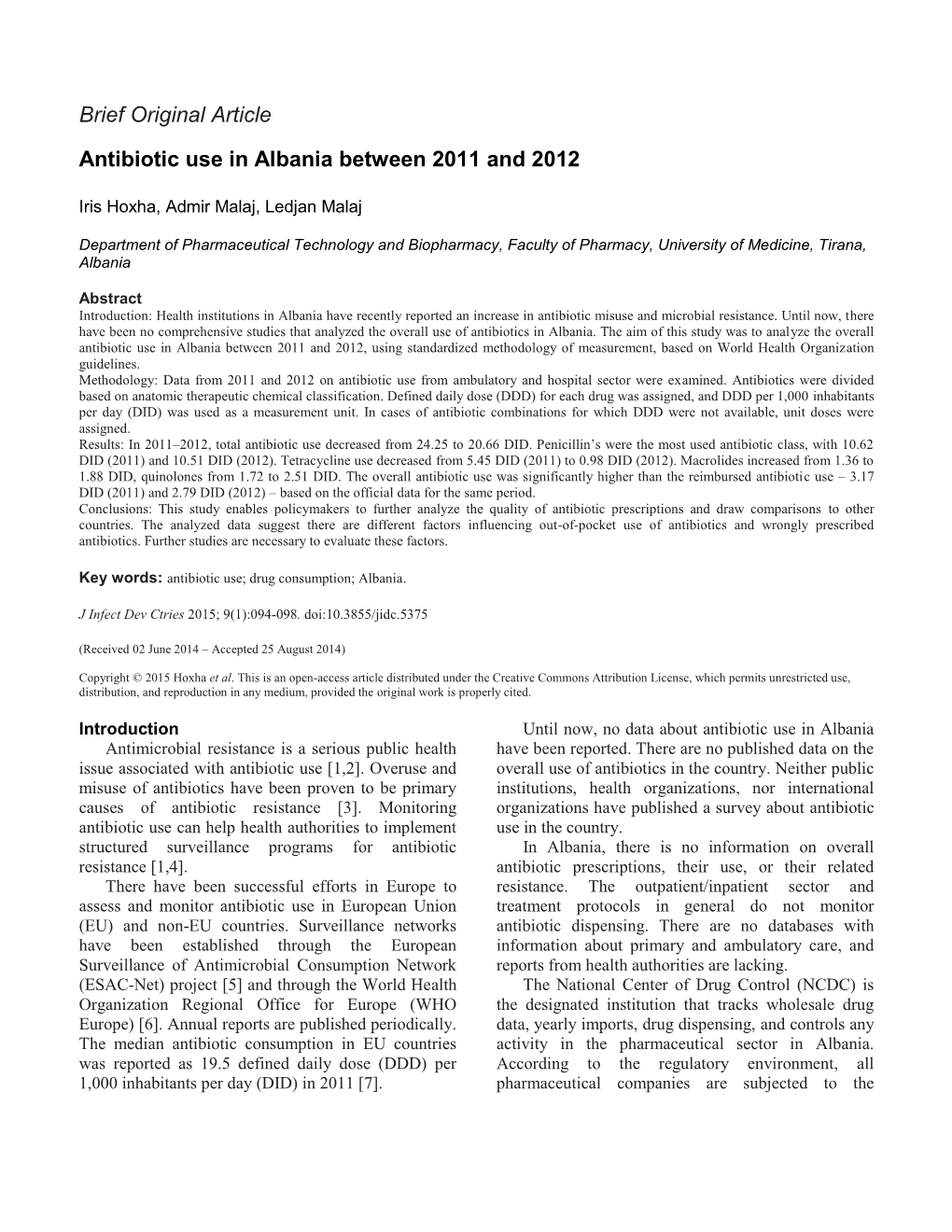 Brief Original Article Antibiotic Use in Albania Between 2011 and 2012