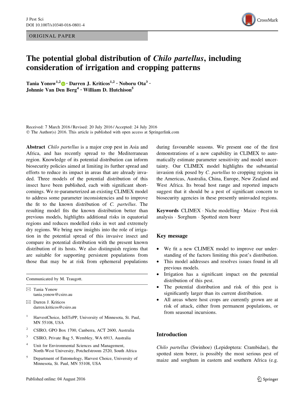 The Potential Global Distribution of Chilo Partellus, Including Consideration of Irrigation and Cropping Patterns