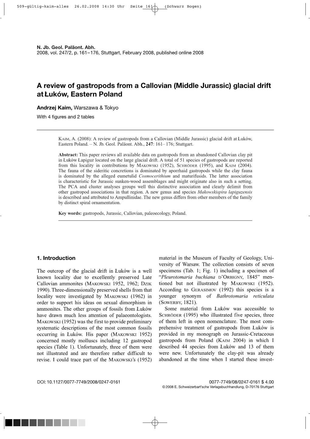 A Review of Gastropods from a Callovian (Middle Jurassic) Glacial Drift at Luków,⁄ Eastern Poland
