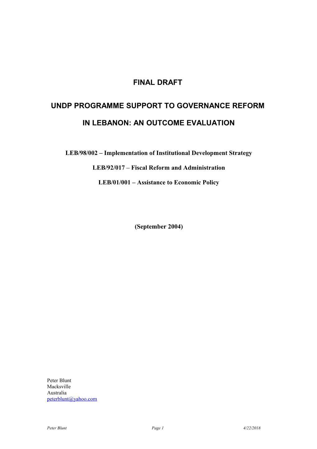 Undp Support to Governance Reform in Lebanon: Outcome Evaluation