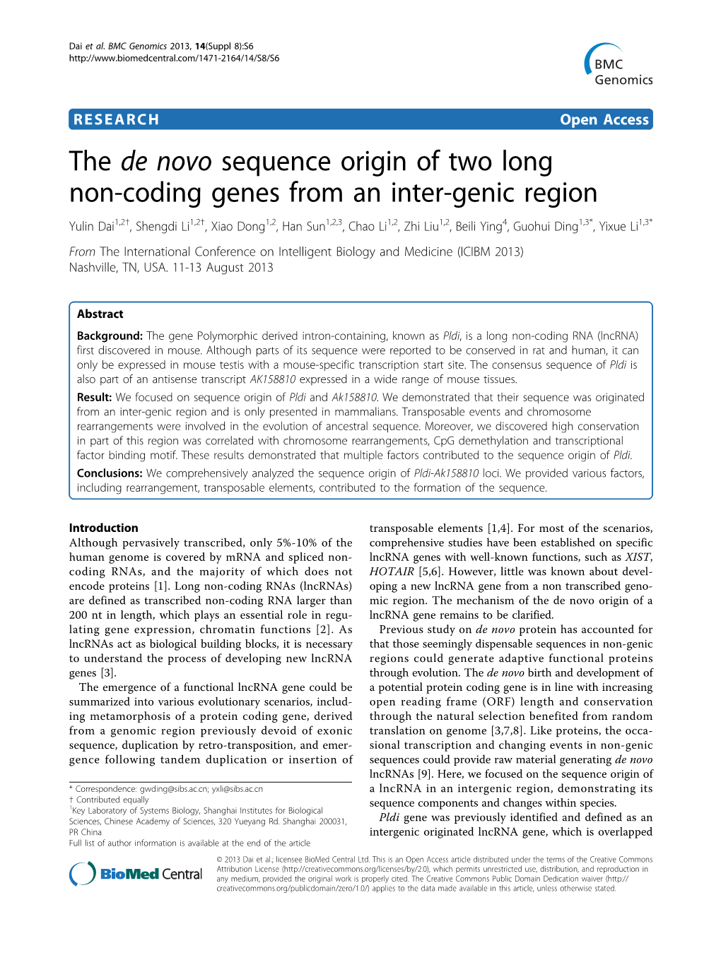 The De Novo Sequence Origin of Two Long Non-Coding Genes from an Inter-Genic Region