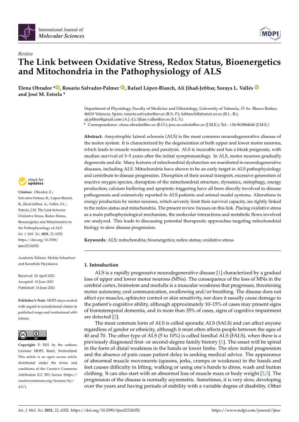 The Link Between Oxidative Stress, Redox Status, Bioenergetics and Mitochondria in the Pathophysiology of ALS