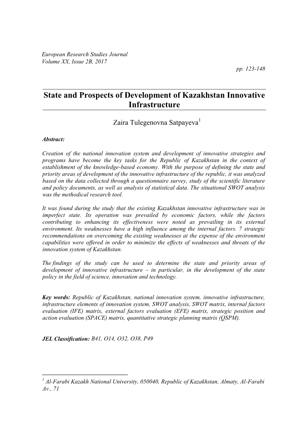 State and Prospects of Development of Kazakhstan Innovative Infrastructure