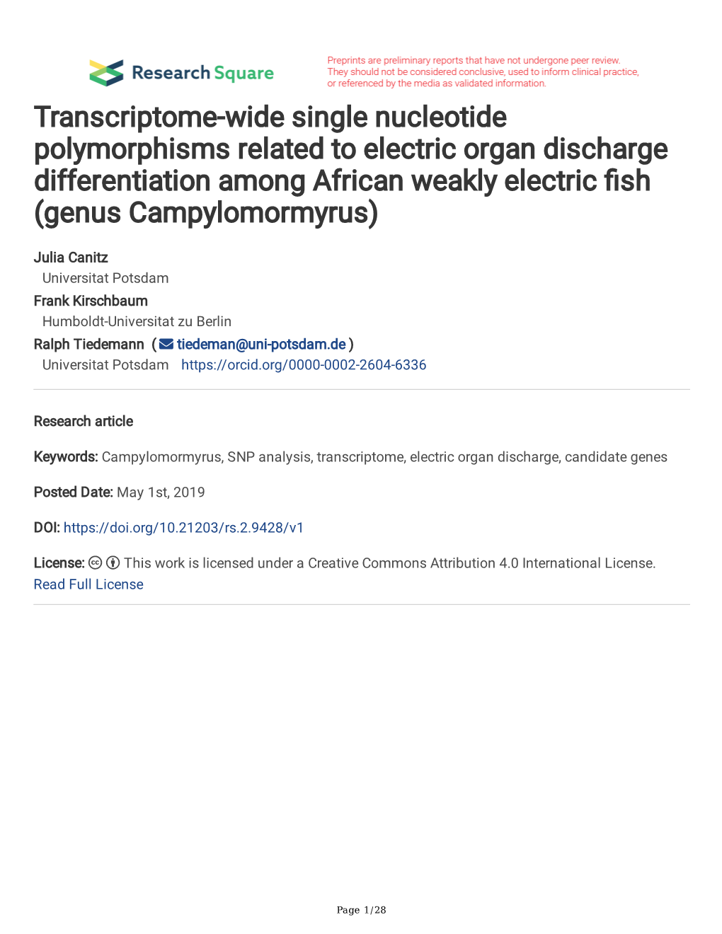 Transcriptome-Wide Single Nucleotide Polymorphisms Related to Electric Organ Discharge Differentiation Among African Weakly Electric Fsh (Genus Campylomormyrus)