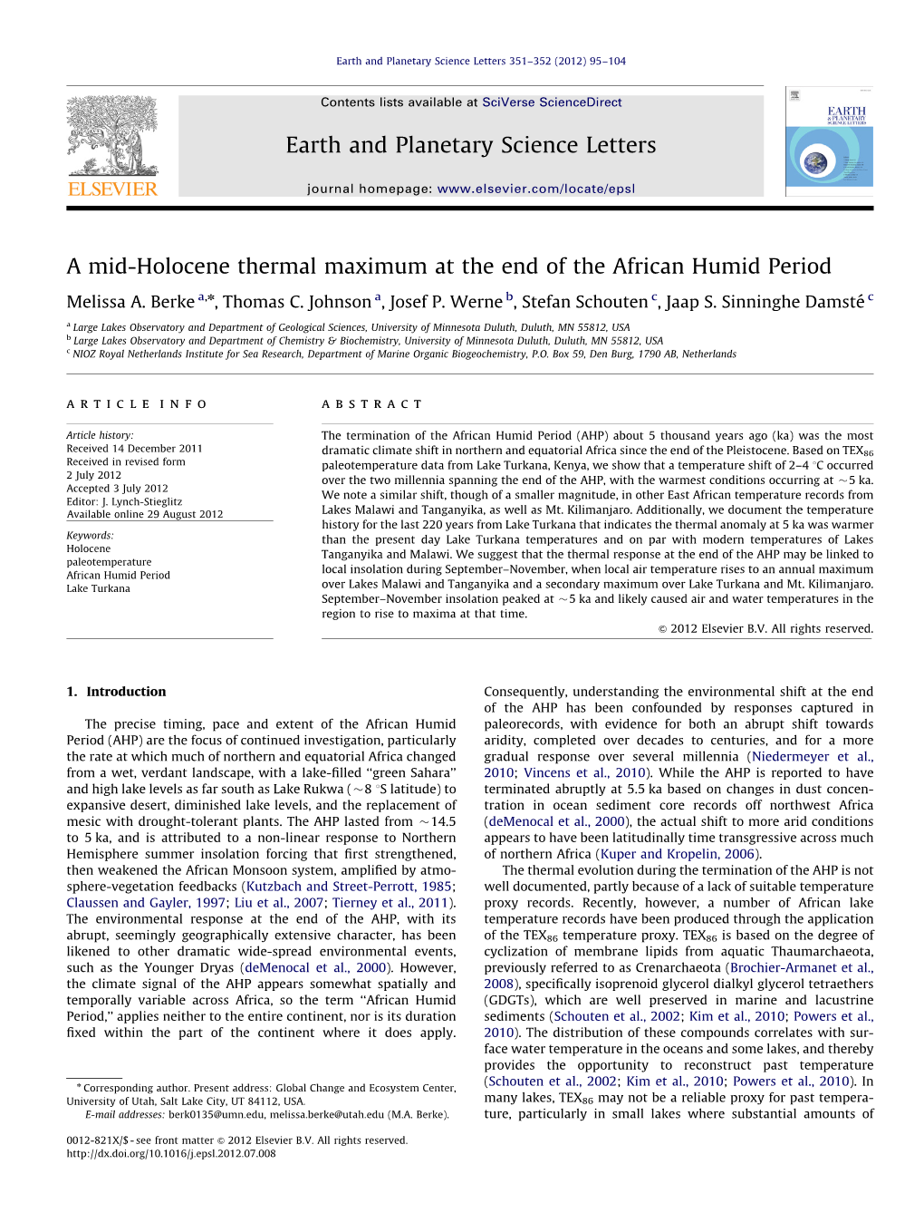 A Mid-Holocene Thermal Maximum at the End of the African Humid Period