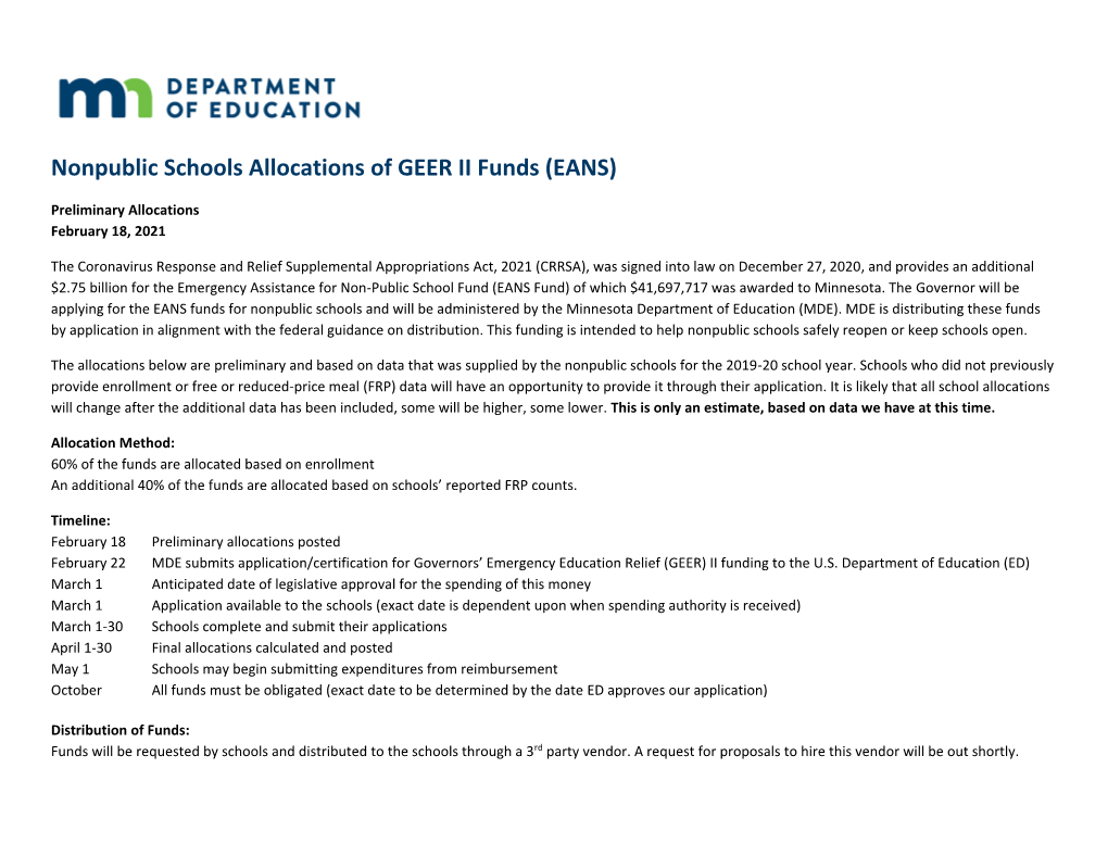 Nonpublic Schools Allocations of GEER II Funds (EANS)