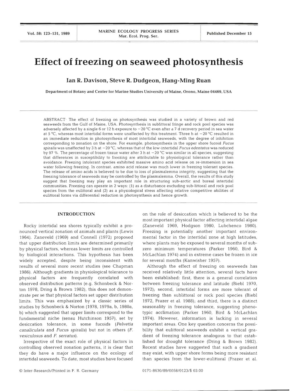 Effect of Freezing on Seaweed Photosynthesis