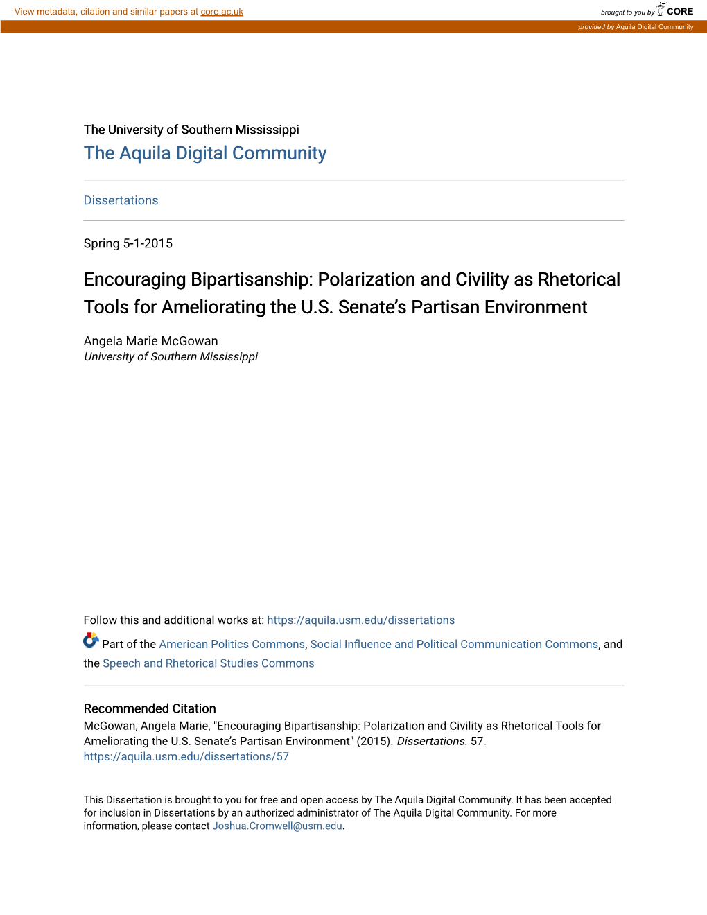 Encouraging Bipartisanship: Polarization and Civility As Rhetorical Tools for Ameliorating the U.S