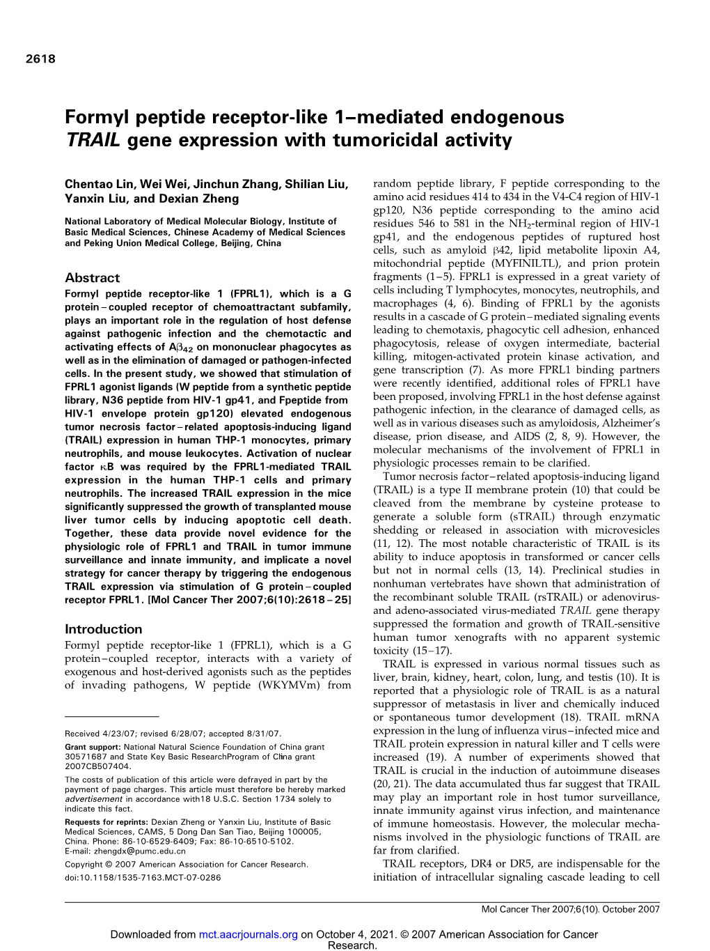 Formyl Peptide Receptor-Like 1–Mediated Endogenous TRAIL Gene Expression with Tumoricidal Activity