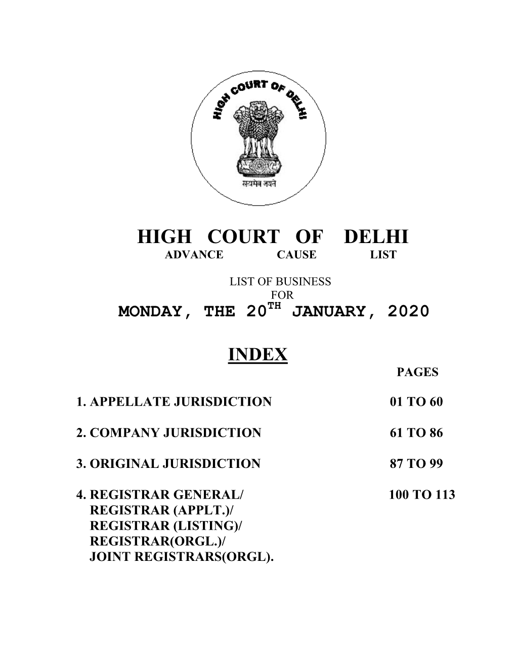 High Court of Delhi Advance Cause List