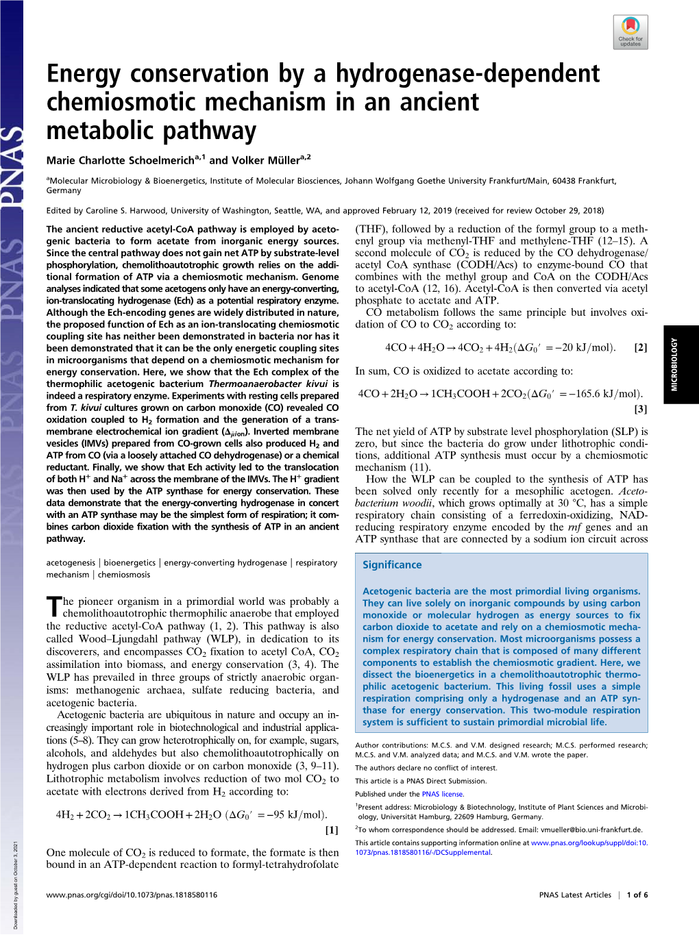 Energy Conservation by a Hydrogenase-Dependent Chemiosmotic Mechanism in an Ancient Metabolic Pathway