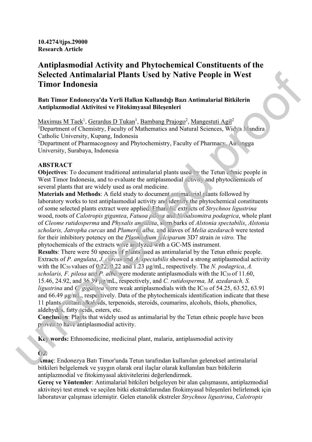 Antiplasmodial Activity and Phytochemical Constituents of the Selected Antimalarial Plants Used by Native People in West Timor Indonesia