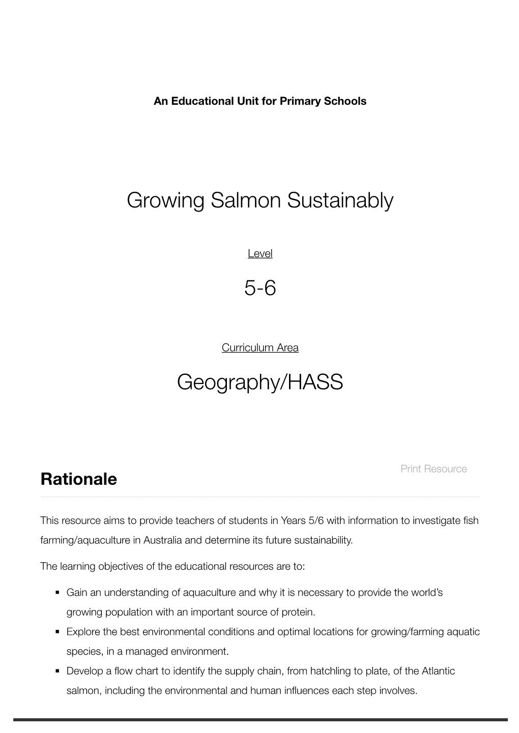 Growing Salmon Sustainably 5-6 Geography/HASS