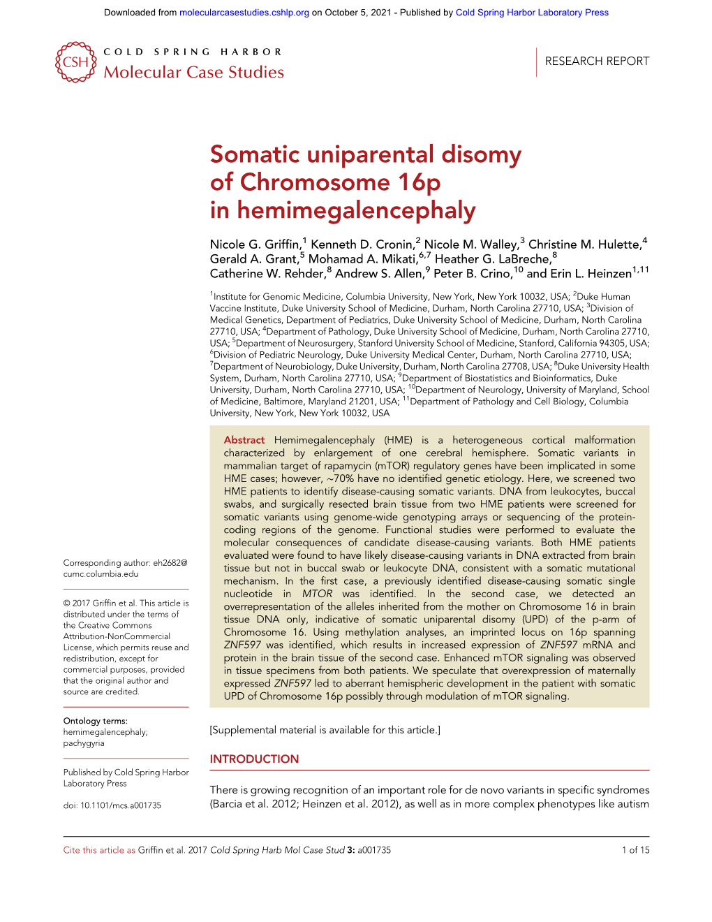 Somatic Uniparental Disomy of Chromosome 16P in Hemimegalencephaly