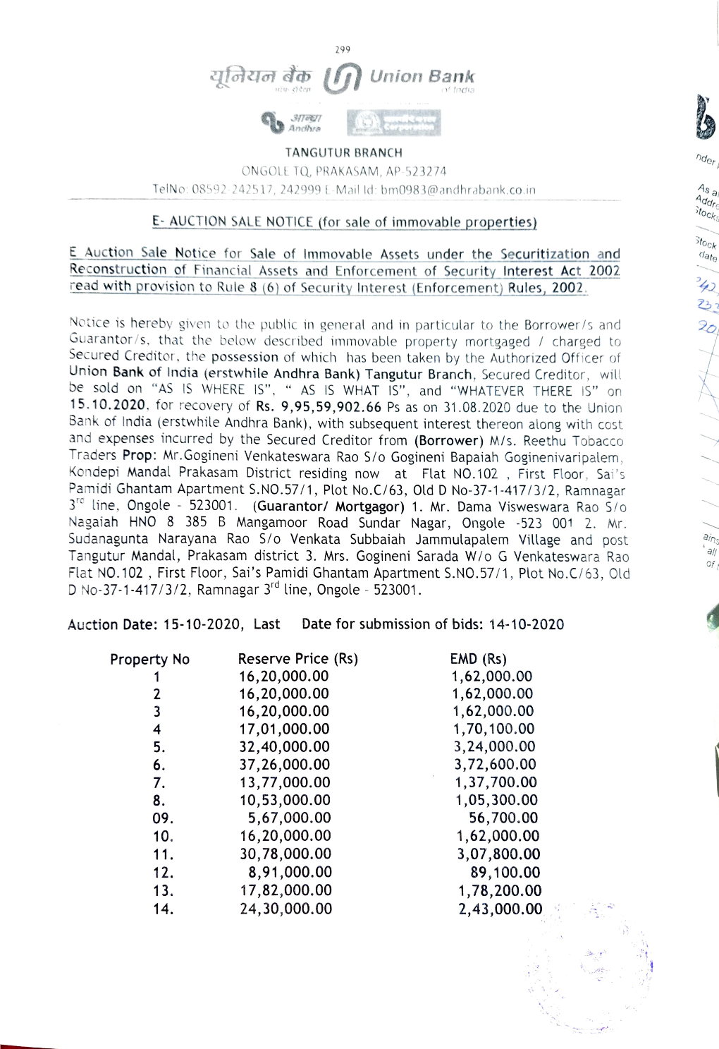 Andhr E-AUCTION SALE NOTICE (For Sale of Immovable Properties)