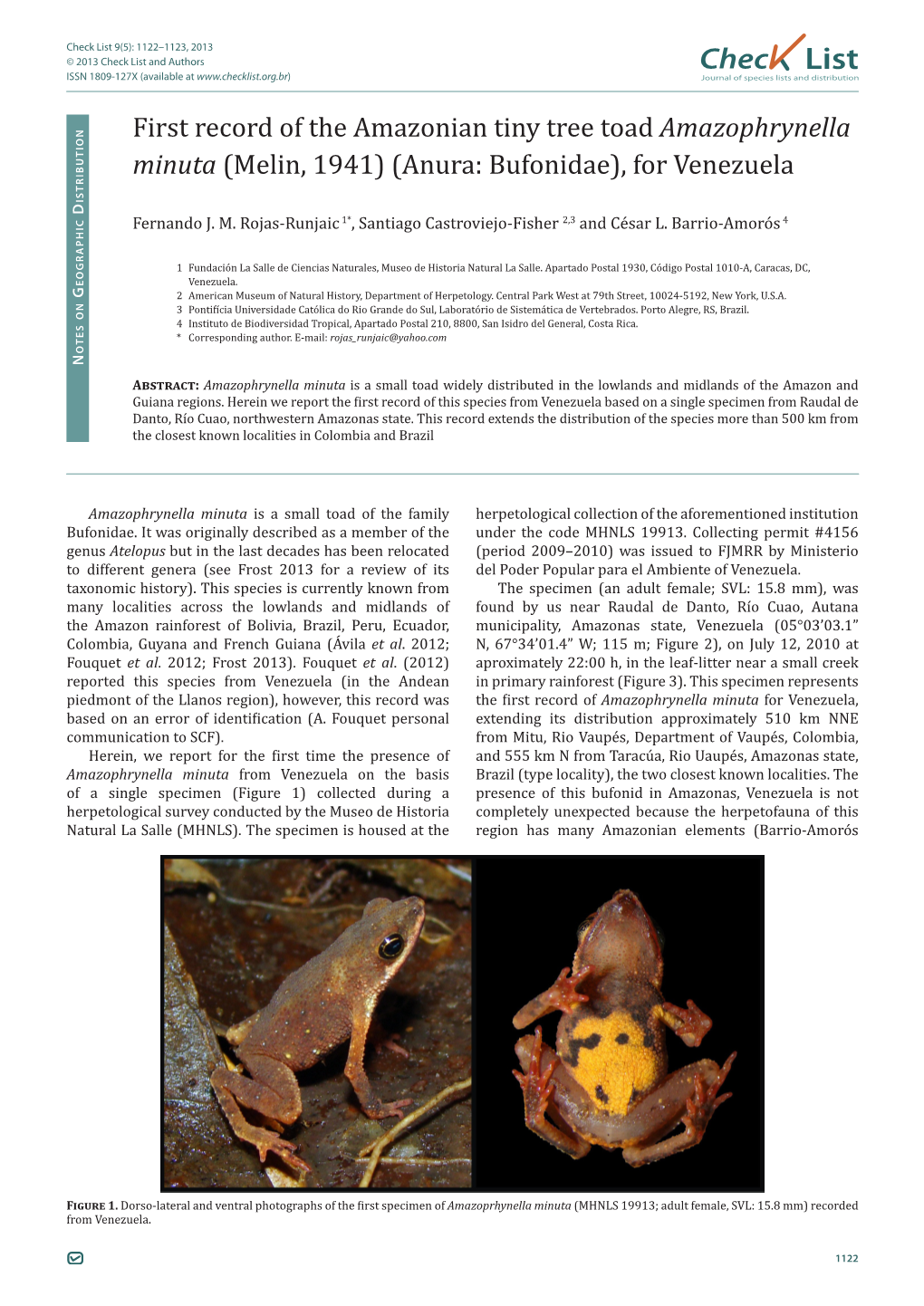 First Record of the Amazonian Tiny Tree Toad Amazophrynella Minuta (Melin, 1941) (Anura: Bufonidae), for Venezuela Istributio