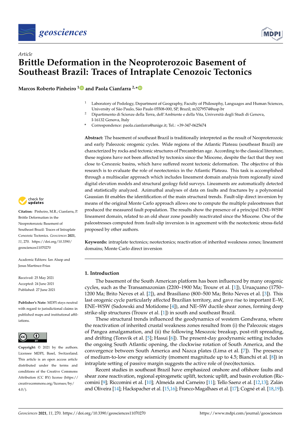 Brittle Deformation in the Neoproterozoic Basement of Southeast Brazil: Traces of Intraplate Cenozoic Tectonics