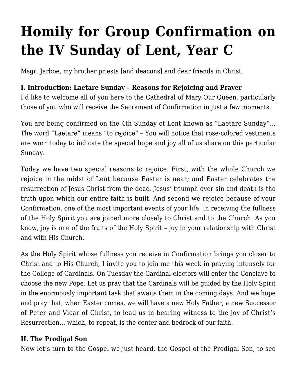 Homily for Group Confirmation on the IV Sunday of Lent, Year C