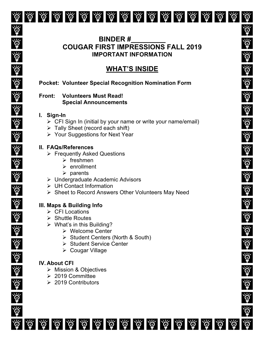 Binder #___Cougar First Impressions Fall 2019 What's