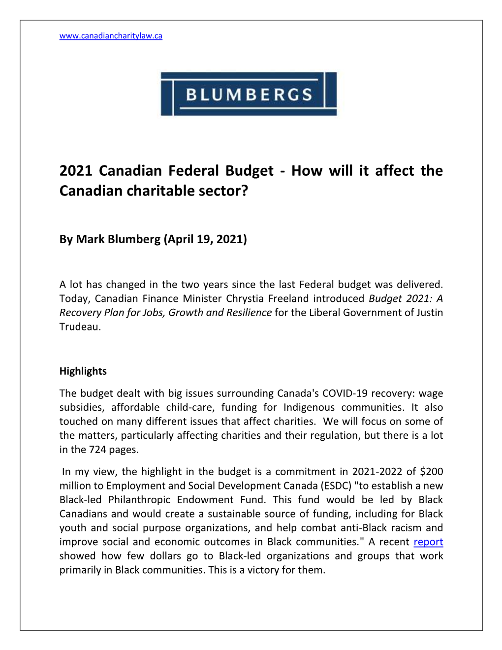 2021 Canadian Federal Budget and Its Impact on the Canadian Charitable Sector