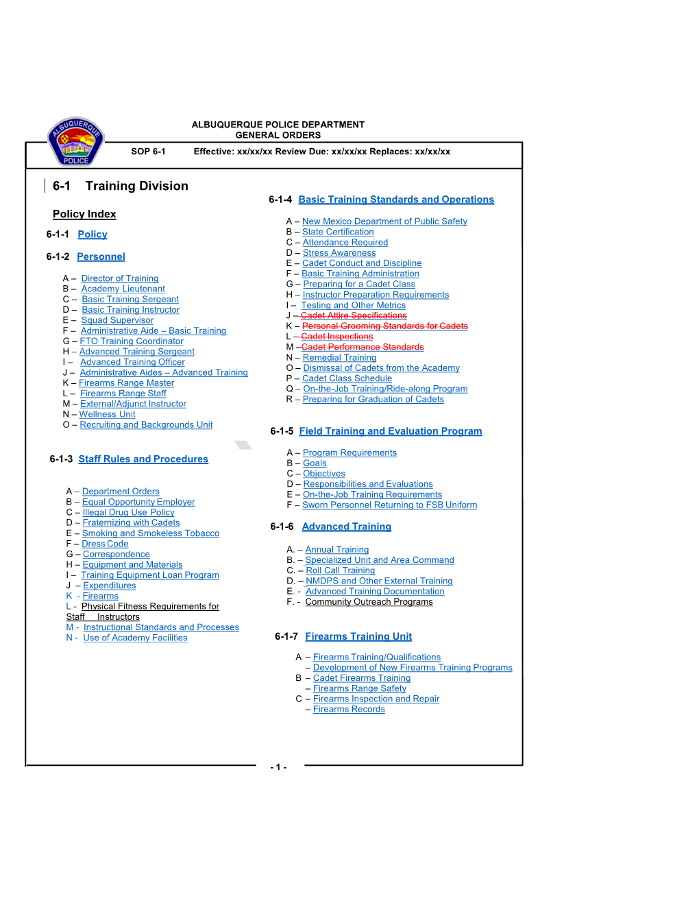 6-1 Training Division 6-1-4 Basic Training Standards and Operations Policy Index a – New Mexico Department of Public Safety