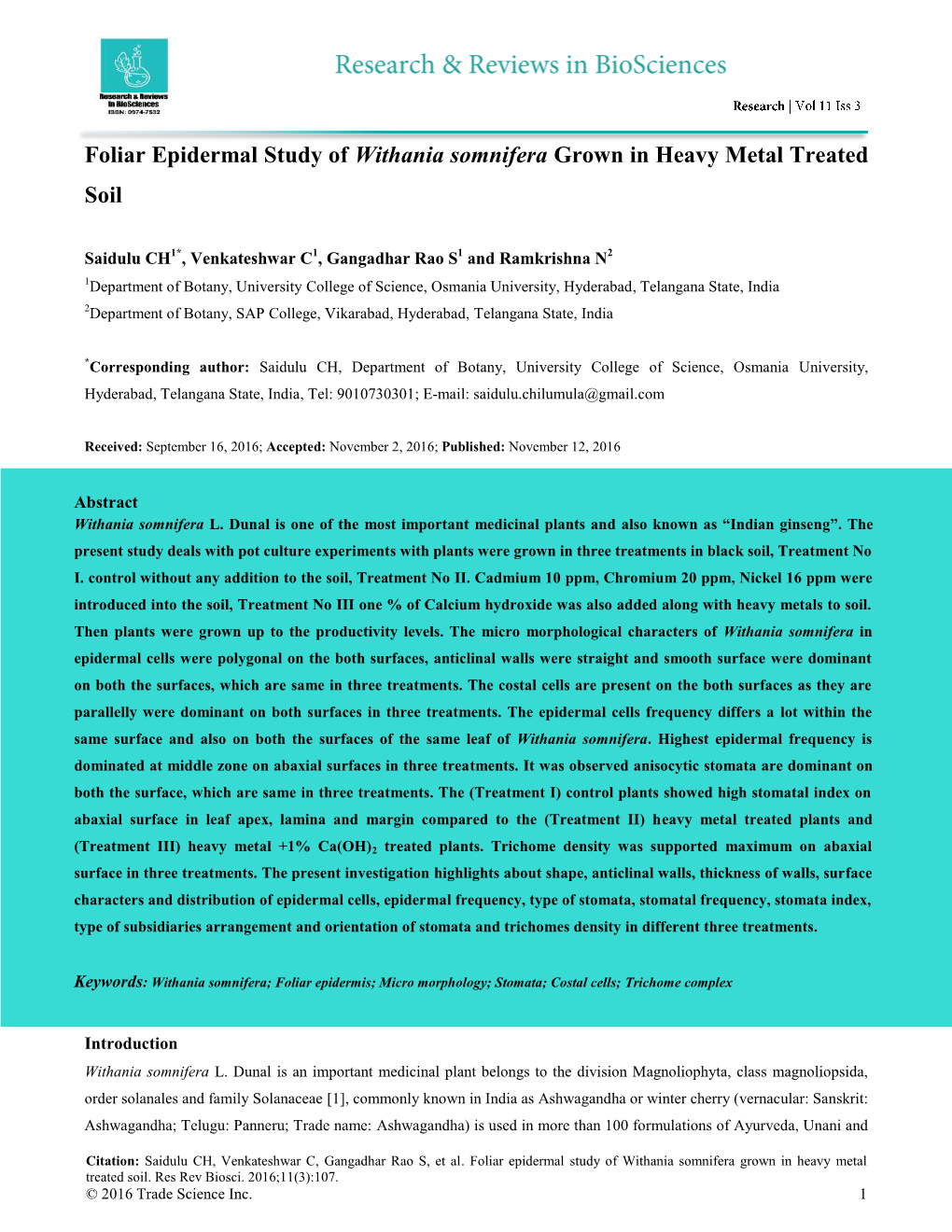 Foliar Epidermal Study of Withania Somnifera Grown in Heavy Metal Treated Soil