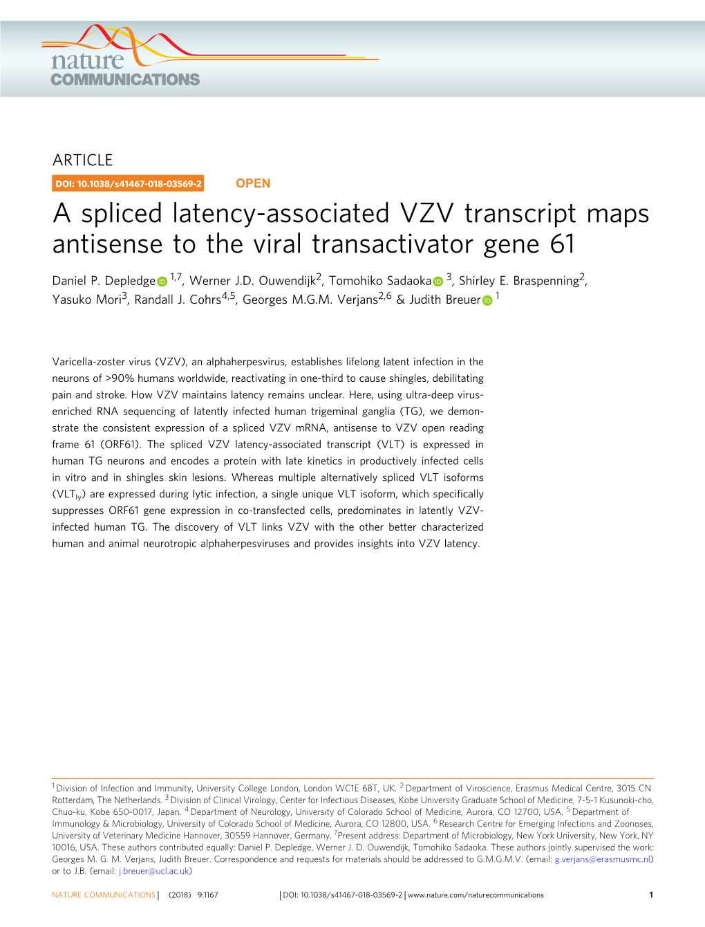 A Spliced Latency-Associated VZV Transcript Maps Antisense to the Viral Transactivator Gene 61