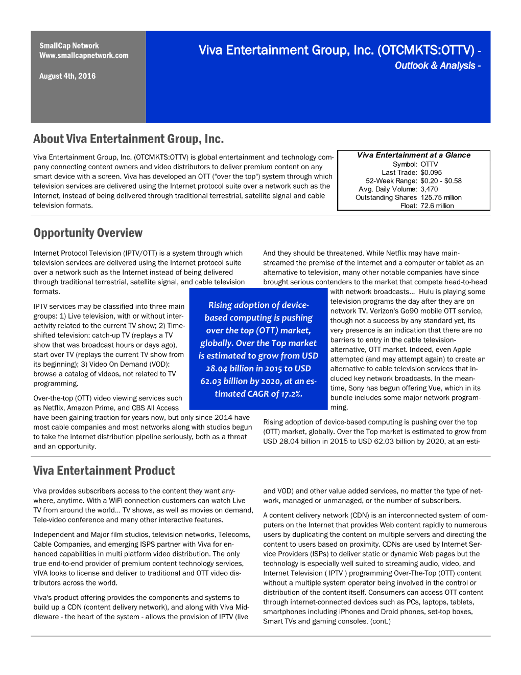 (OTCMKTS:OTTV) - Outlook & Analysis - August 4Th, 2016