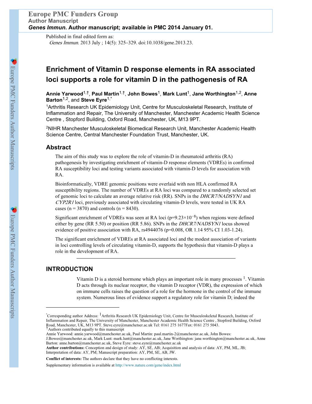 Enrichment of Vitamin D Response Elements in RA Associated Loci Supports a Role for Vitamin D in the Pathogenesis of RA