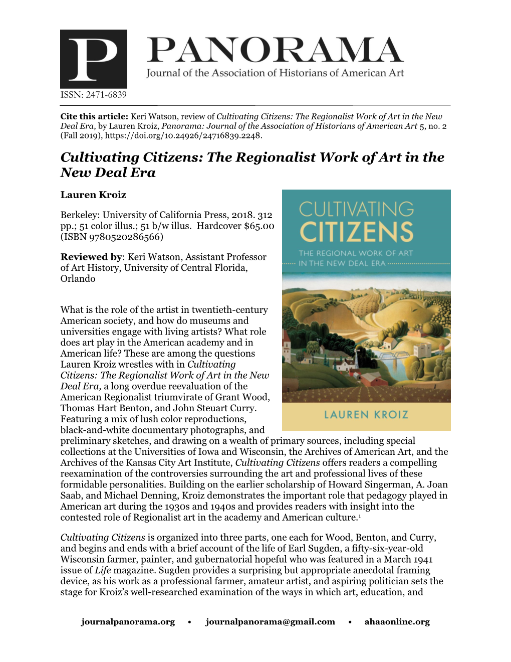 Cultivating Citizens: the Regionalist Work of Art in the New Deal Era, by Lauren Kroiz, Panorama: Journal of the Association of Historians of American Art 5, No