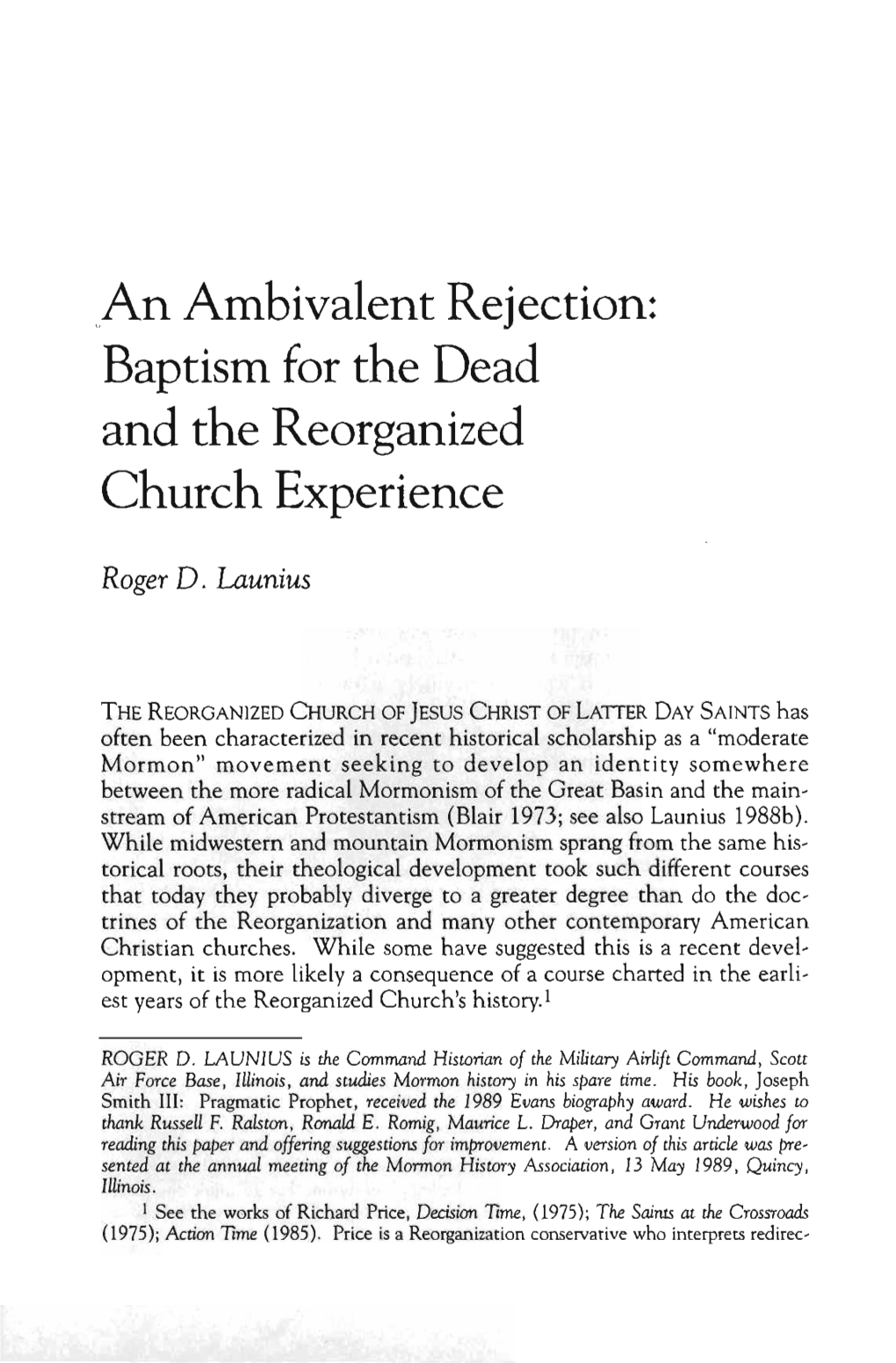 An Ambivalent Rejection: Baptism for the Dead and the Reorganized Church Experience