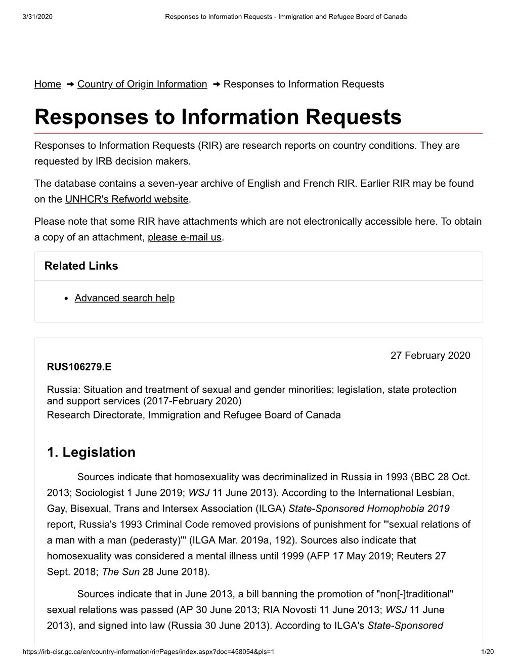 Responses to Information Requests - Immigration and Refugee Board of Canada