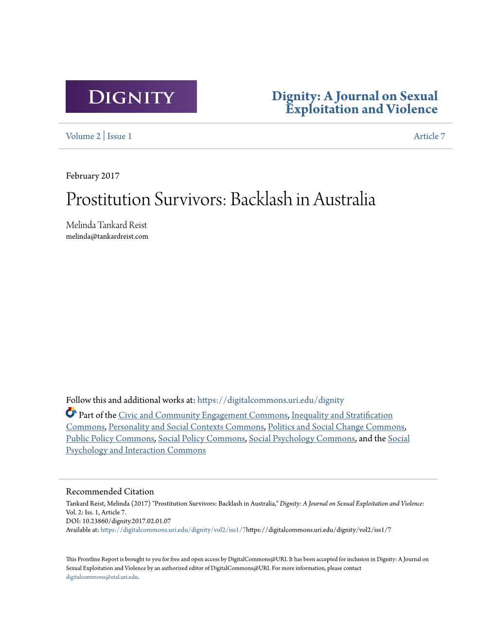 Prostitution Survivors: Backlash in Australia Melinda Tankard Reist Melinda@Tankardreist.Com