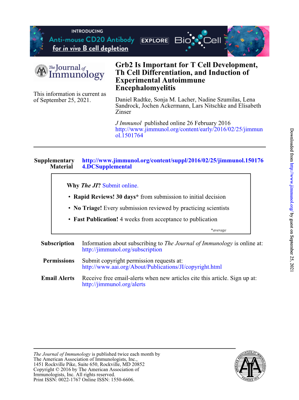 Grb2 Is Important for T Cell Development, Th Cell Differentiation, and Induction of Experimental Autoimmune Encephalomyelitis