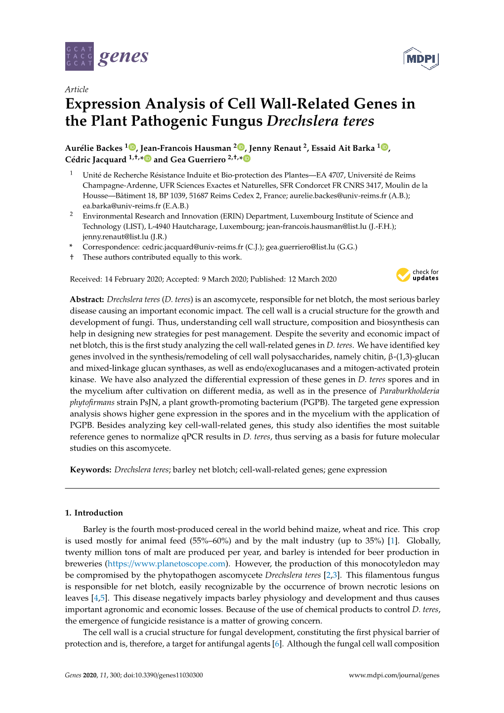 Expression Analysis of Cell Wall-Related Genes in the Plant Pathogenic Fungus Drechslera Teres