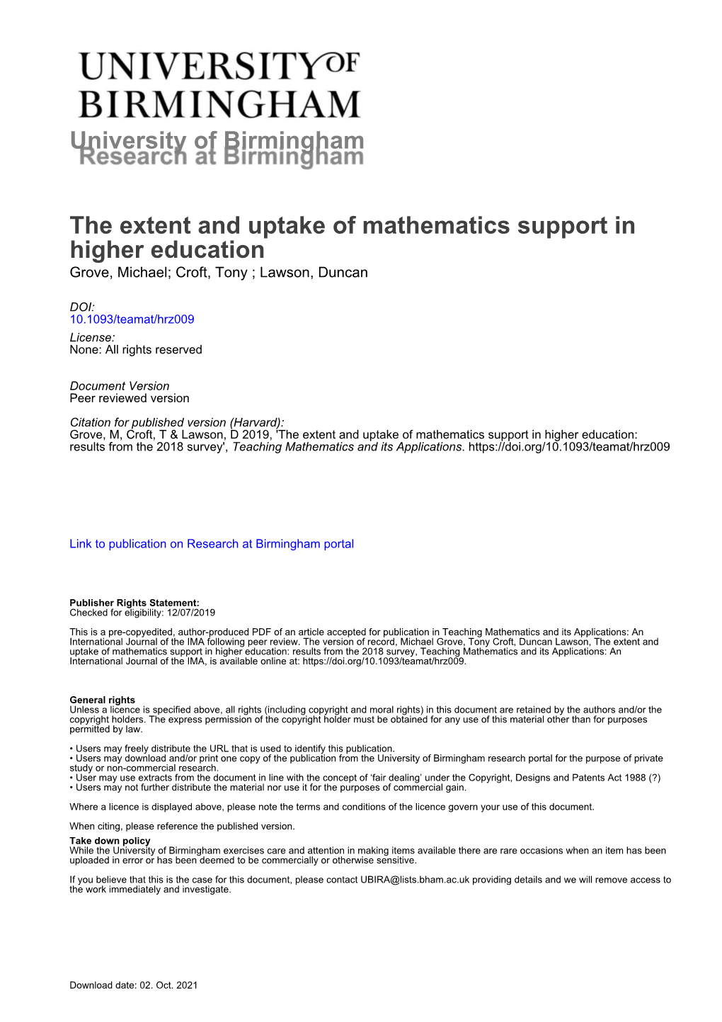University of Birmingham the Extent and Uptake of Mathematics Support