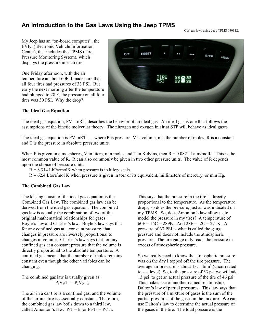 An Introduction to the Gas Laws Using the Jeep TPMS