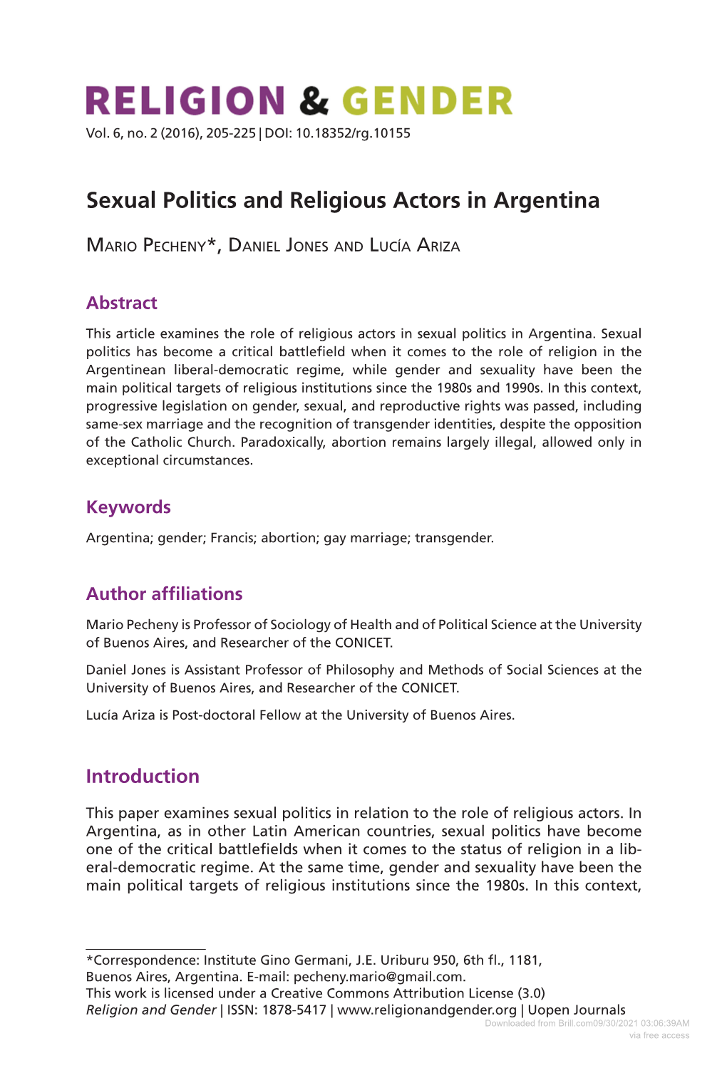 Sexual Politics and Religious Actors in Argentina